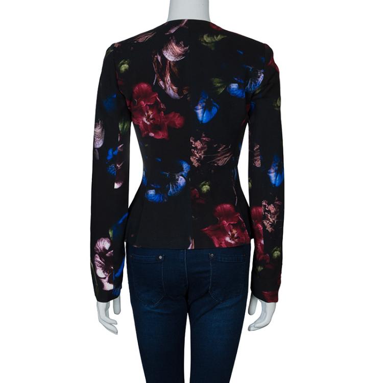 Pre Owned Elie Saab Black Floral Print Zip Detail Jacket S