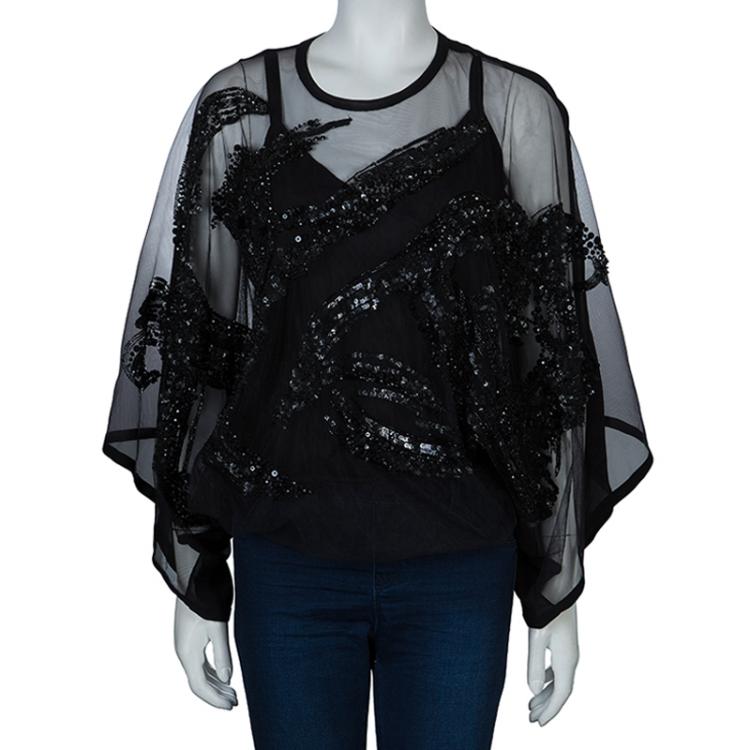 Pre Owned Elie Saab Black Mesh Overlay Sequin Embellished Top S