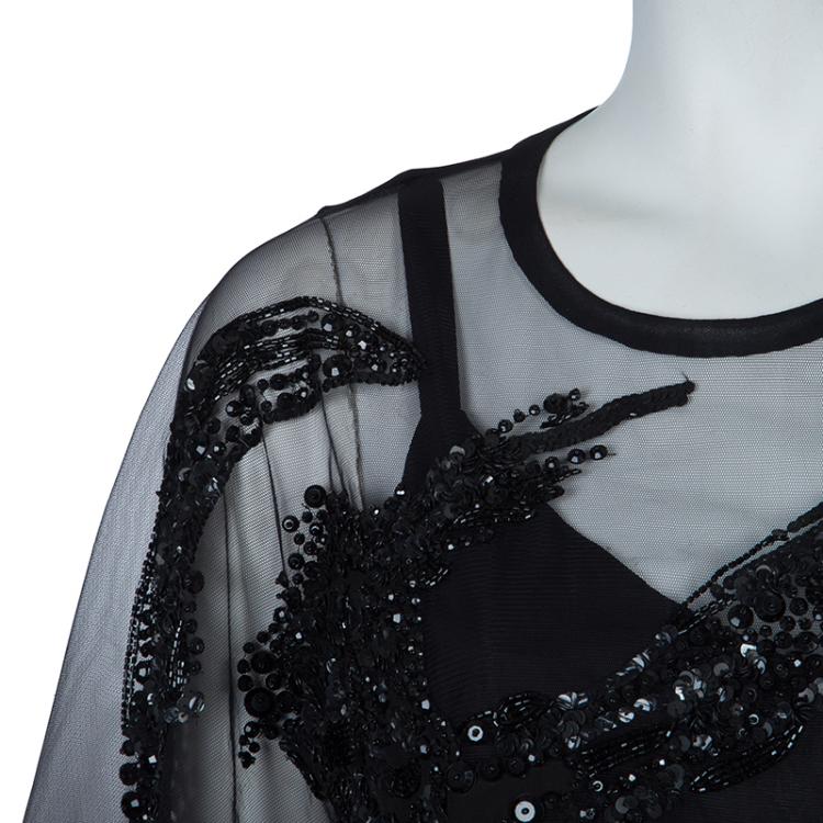 Pre Owned Elie Saab Black Mesh Overlay Sequin Embellished Top S