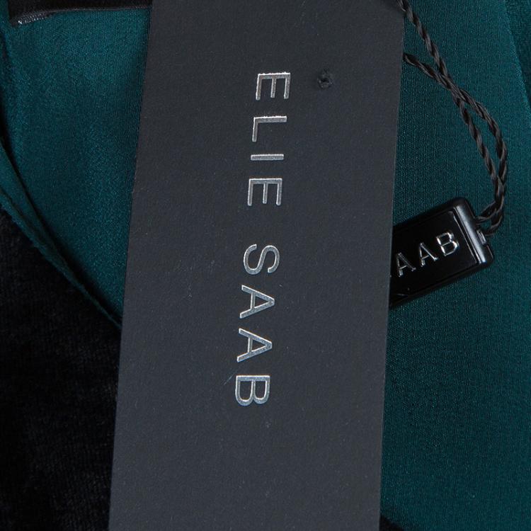 Pre Owned Elie Saab Black and Green Velvet Long Sleeve Gown L