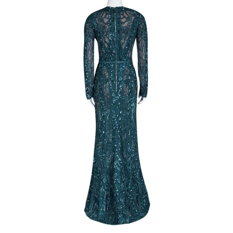 Pre Owned Elie Saab Teal Blue Embellished Long Sleeve Plunge Neck Gown S