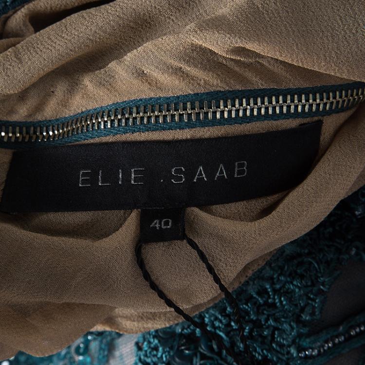 Pre Owned Elie Saab Teal Blue Embellished Long Sleeve Plunge Neck Gown S