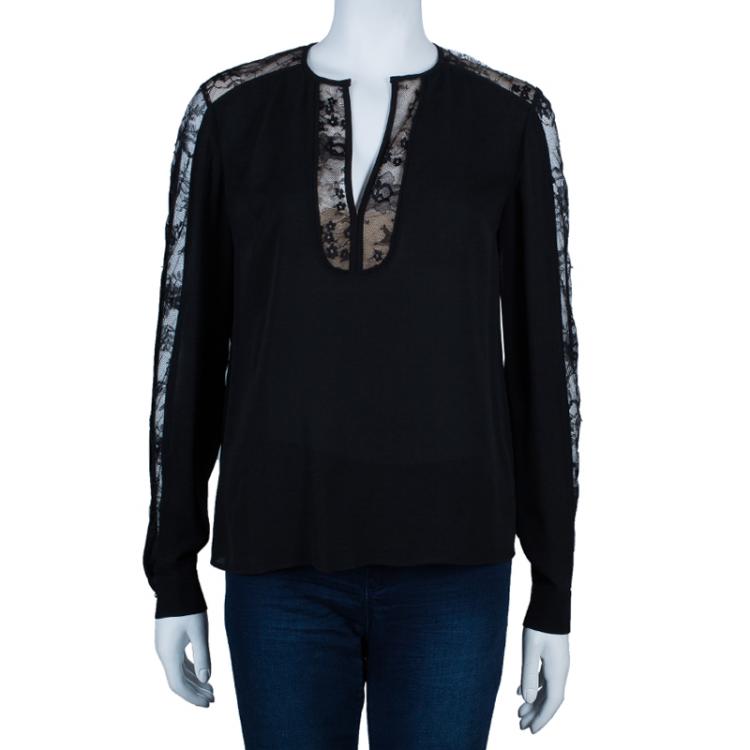 Pre Owned Elie Saab Black Lace Detail Long Sleeve Top S
