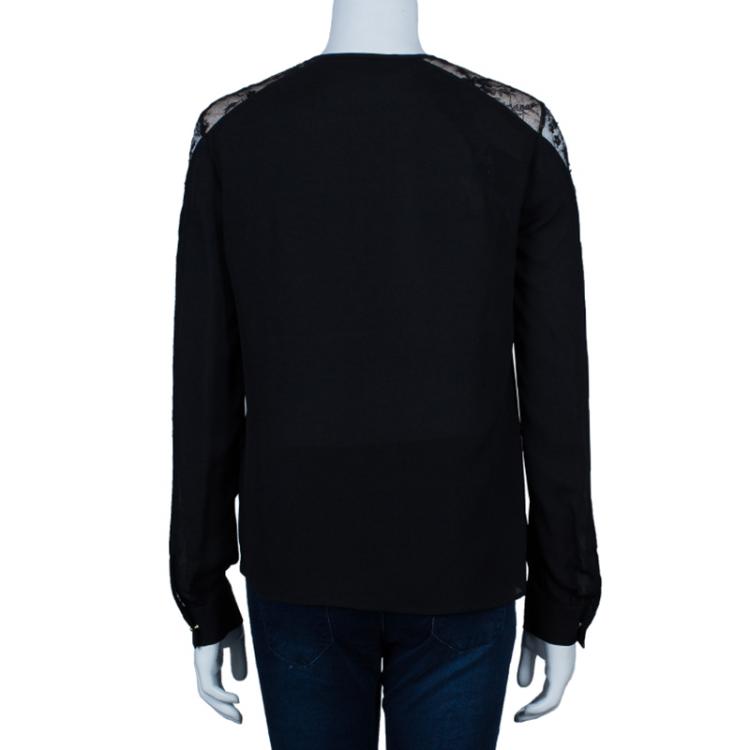 Pre Owned Elie Saab Black Lace Detail Long Sleeve Top S