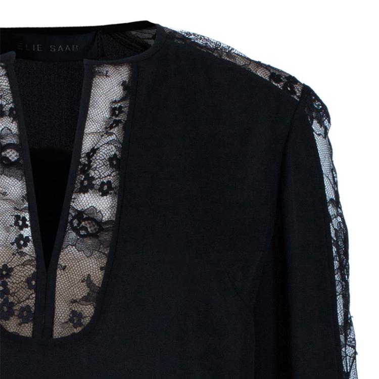 Pre Owned Elie Saab Black Lace Detail Long Sleeve Top S