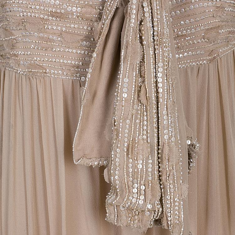 Pre Owned Elie Saab Beige Beaded Gown M