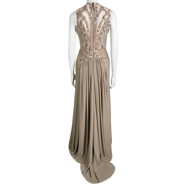 Pre Owned Elie Saab Beige Silk Embellished Mesh Insert Sleeveless Gown M