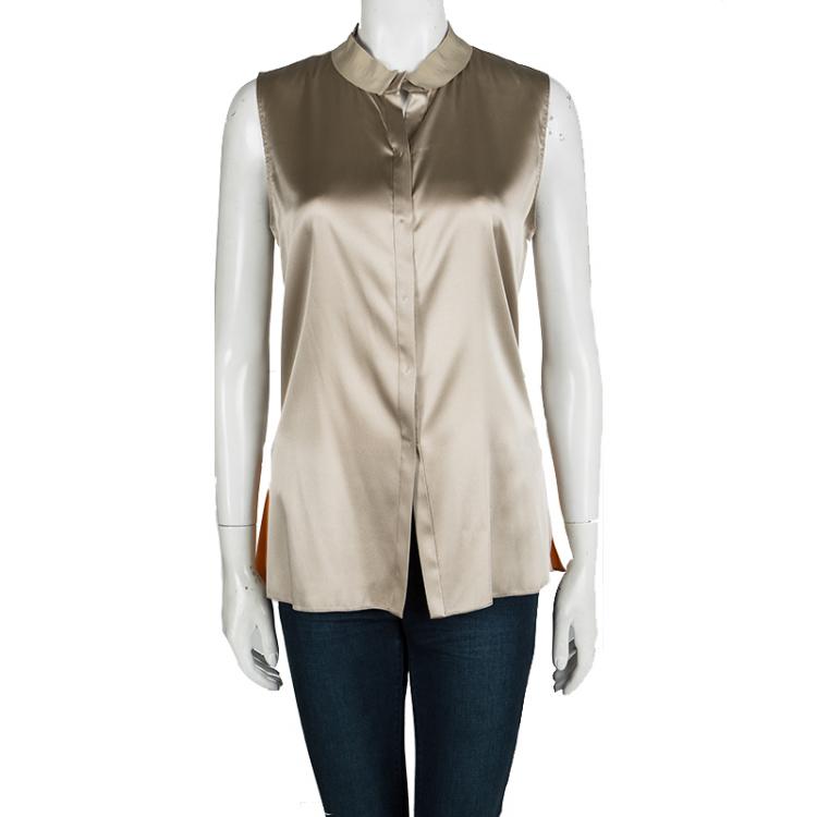 Pre Owned Elie Tahari Beige Silk Contrast Bottom Detail Sleeveless Blouse M
