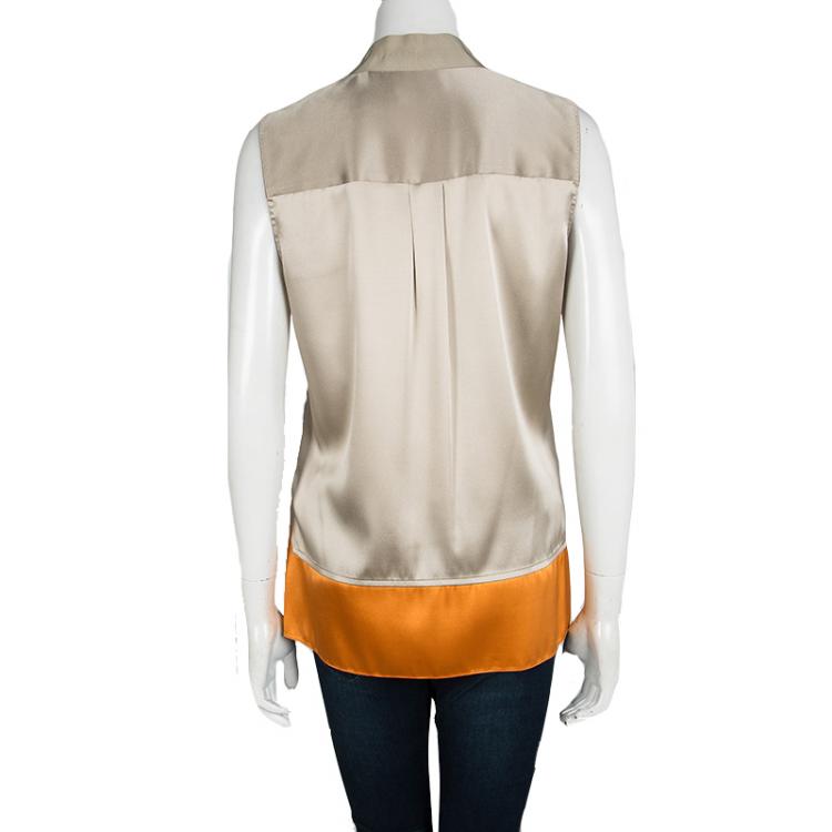 Pre Owned Elie Tahari Beige Silk Contrast Bottom Detail Sleeveless Blouse M