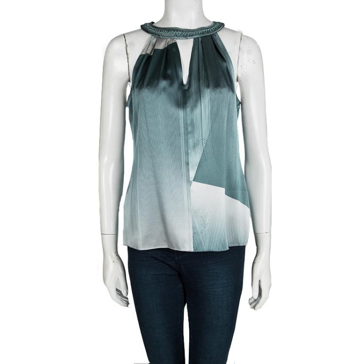 Pre Owned Elie Tahari Blue Printed Silk Braided Leather Neck Trim Sleeveless Blouse S