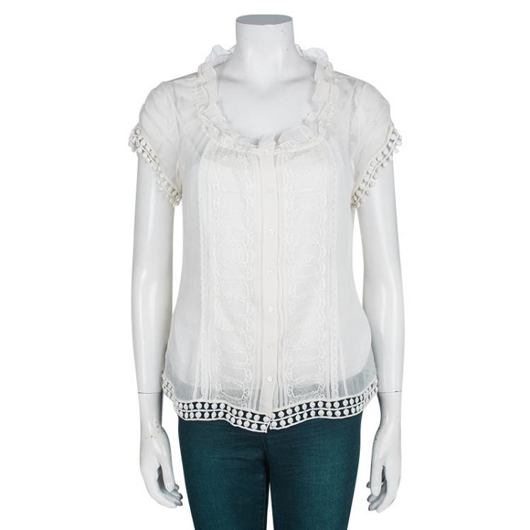 Pre Owned Elie Tahari Cream Lace Insert Crinkled Silk Chiffon Blouse S