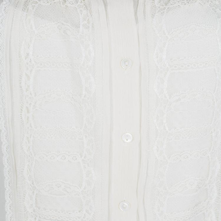 Pre Owned Elie Tahari Cream Lace Insert Crinkled Silk Chiffon Blouse S
