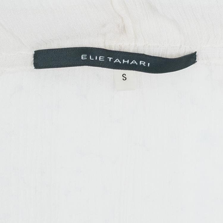 Pre Owned Elie Tahari Cream Lace Insert Crinkled Silk Chiffon Blouse S