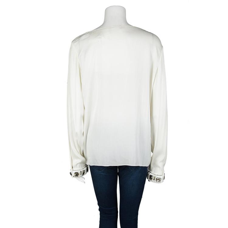 Pre Owned Elie Tahari Cream Silk Embellished Cuff Detail Long Sleeve Blouse XL