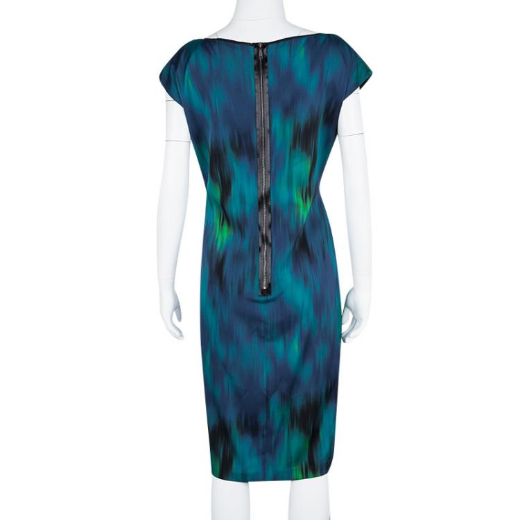Pre Owned Elie Tahari Blue and Green Printed Silk Contrast Trim Detail Dress M