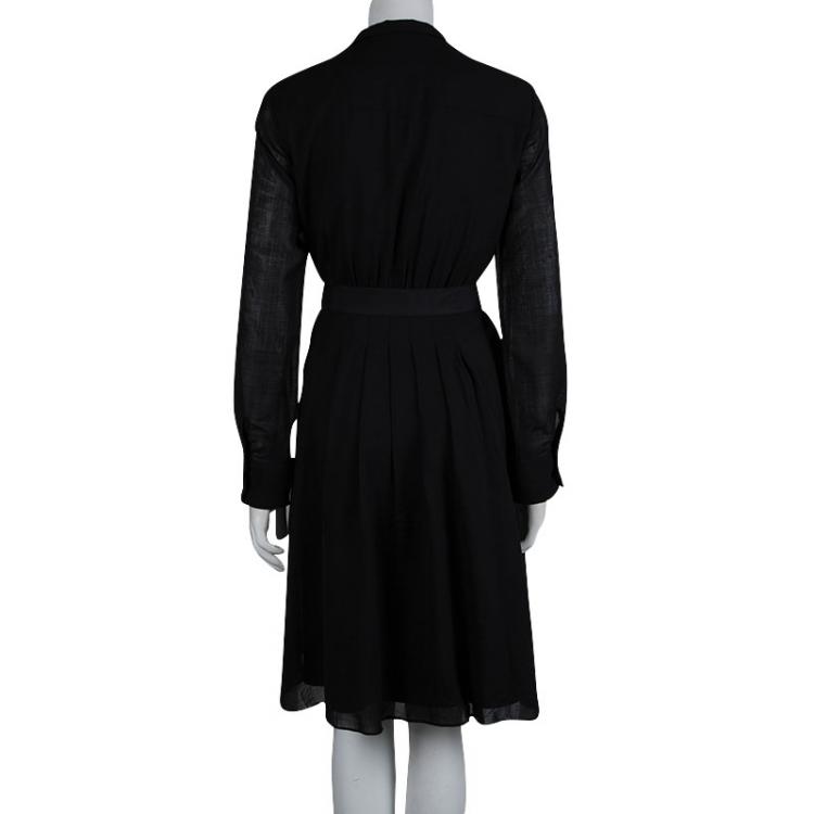 Pre Owned Elie Tahari Black Long Sleeve Pleated Belted Dress M