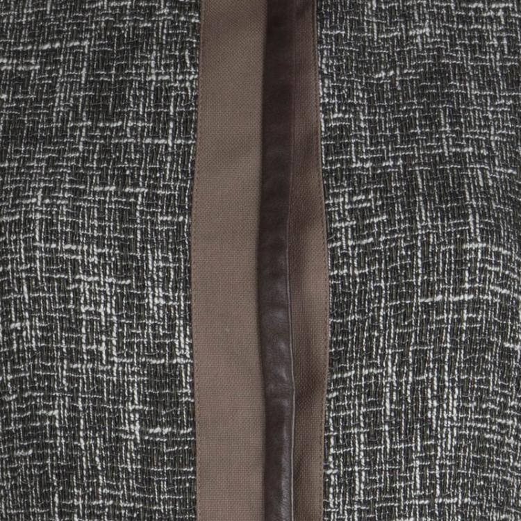 Pre Owned Elie Tahari Olive Green and Brown Textured Cotton Leather Trim Box Jacket M