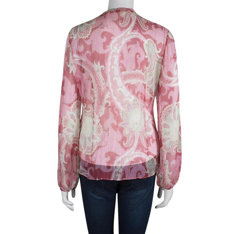 Pre Owned Elie Tahari Multicolor Silk Printed Trim Detail Long Sleeve Top S