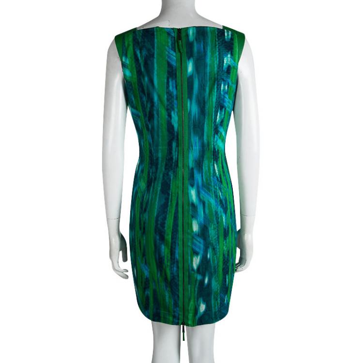 Pre Owned Elie Tahari Green Printed Leather Trim Sleeveless Dress M