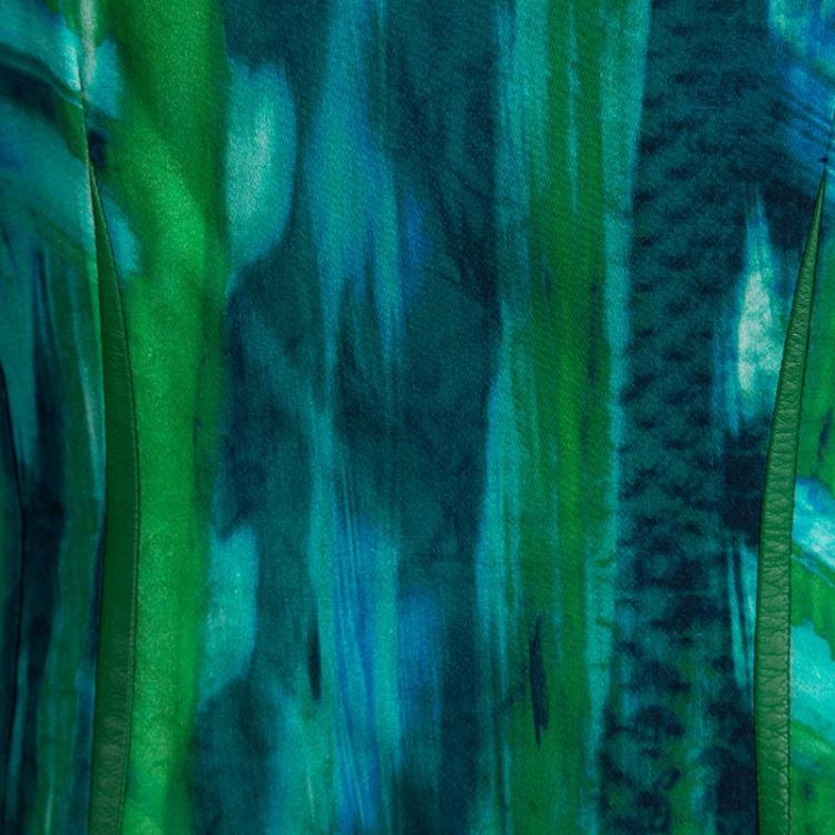 Pre Owned Elie Tahari Green Printed Leather Trim Sleeveless Dress M