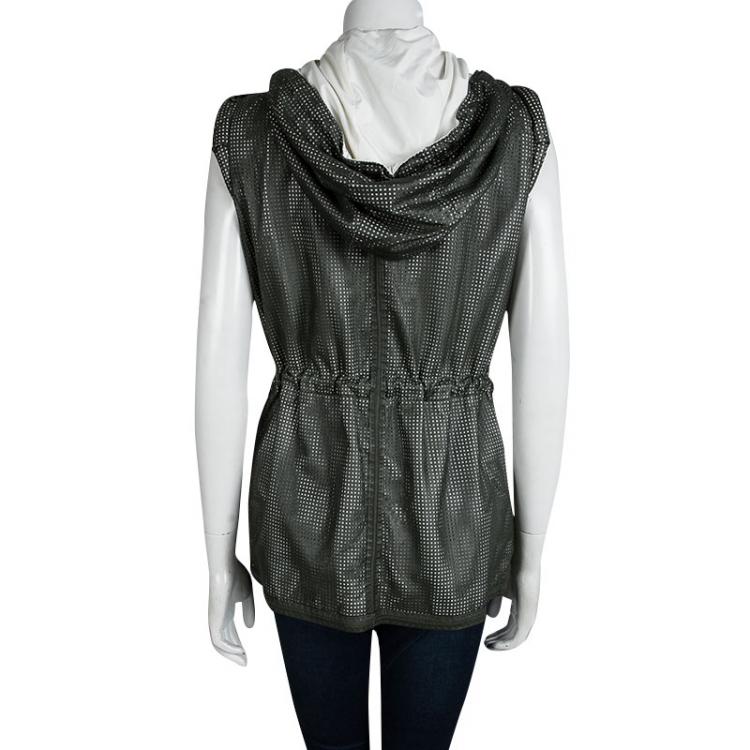 Pre Owned Elie Tahari Olive Green Perforated Leather Hooded Zip Front Jacket L