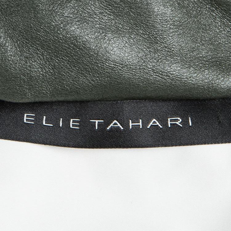 Pre Owned Elie Tahari Olive Green Perforated Leather Hooded Zip Front Jacket L
