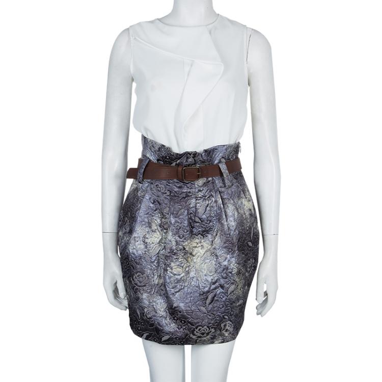 Pre Owned Elizabeth and James Grey Brocade Belted High Waist Skirt S