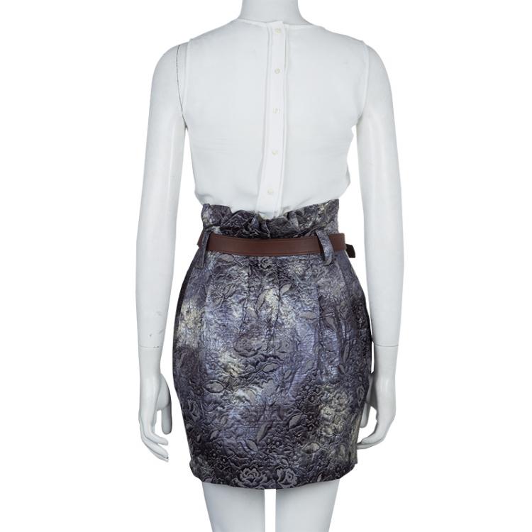 Pre Owned Elizabeth and James Grey Brocade Belted High Waist Skirt S