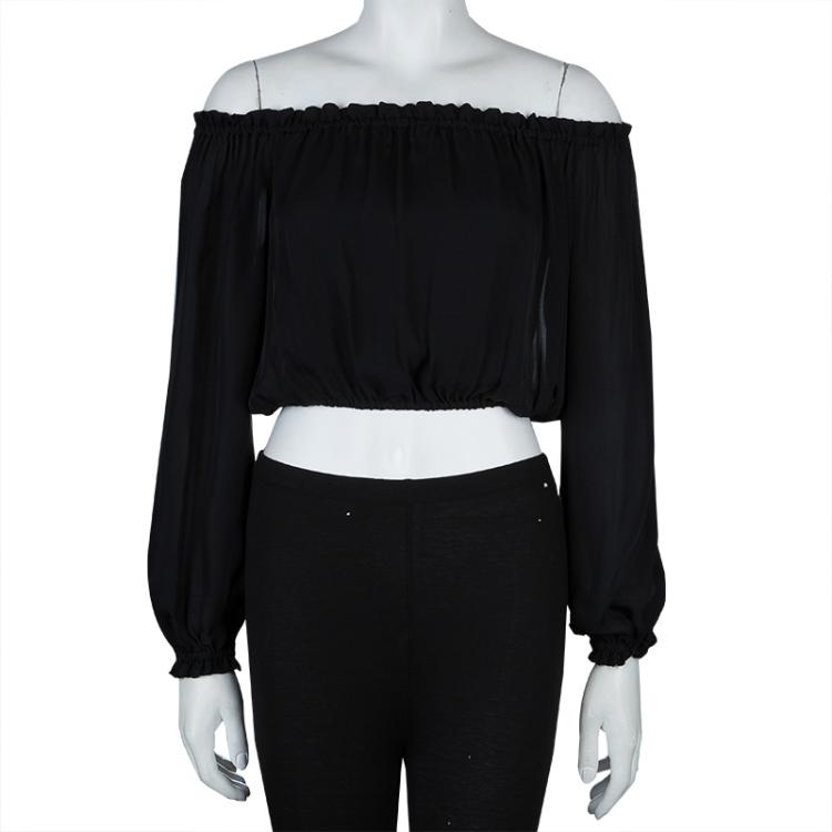 Pre Owned Elizabeth and James Sheer Black Off Shoulder Long Sleeve Cropped Silk Top XS
