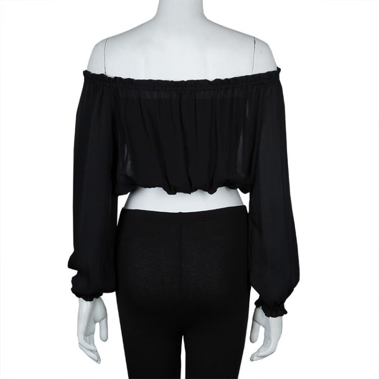 Pre Owned Elizabeth and James Sheer Black Off Shoulder Long Sleeve Cropped Silk Top XS