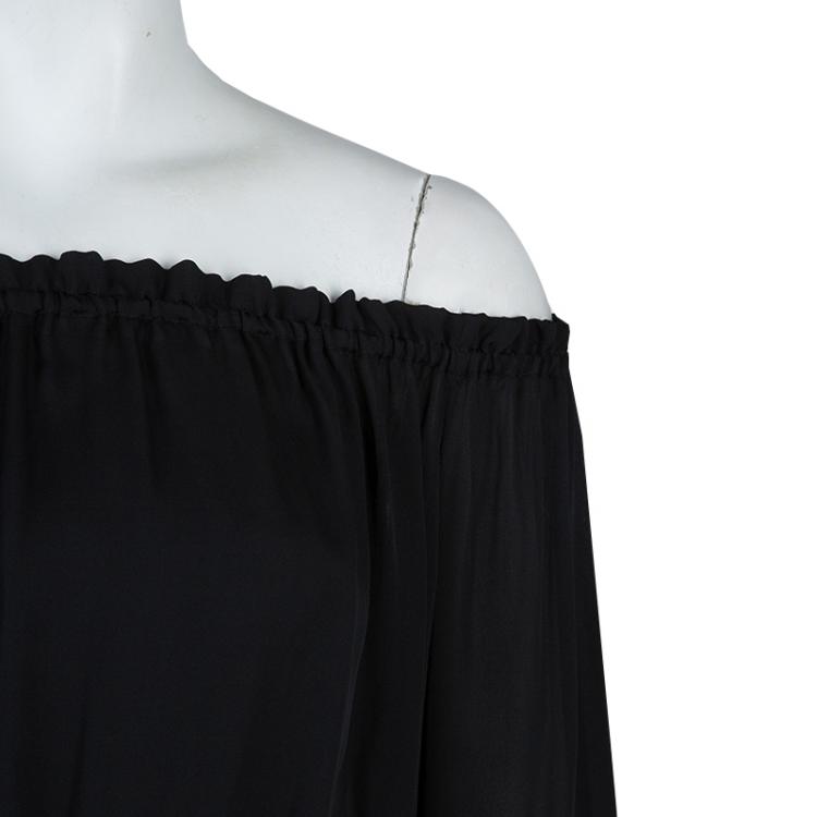 Pre Owned Elizabeth and James Sheer Black Off Shoulder Long Sleeve Cropped Silk Top XS