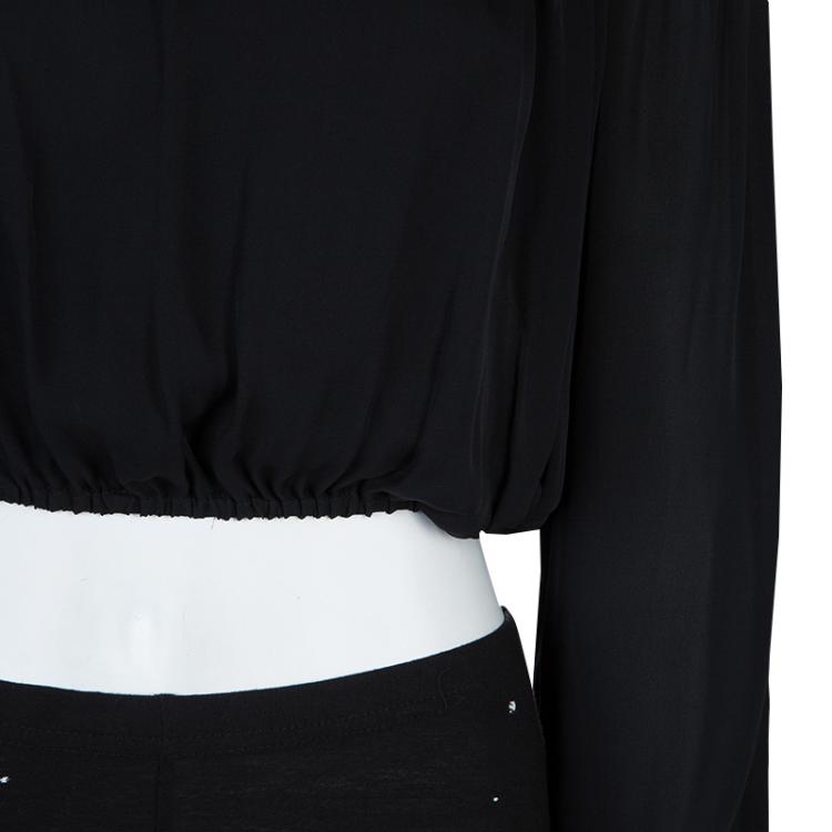 Pre Owned Elizabeth and James Sheer Black Off Shoulder Long Sleeve Cropped Silk Top XS