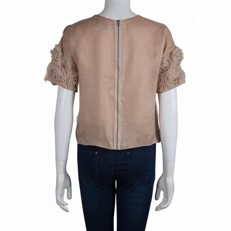 Pre Owned Elizabeth and James Beige Chiffon Floral Applique Cropped Top XS