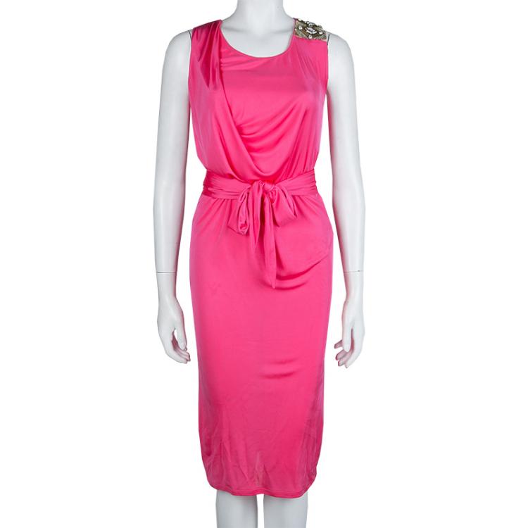 Pre Owned Emilio Pucci Pink Embellished Shoulder Detail Sleeveless Belted Midi Dress S