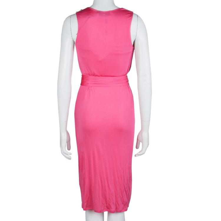 Pre Owned Emilio Pucci Pink Embellished Shoulder Detail Sleeveless Belted Midi Dress S
