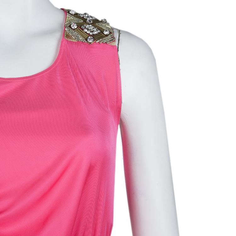 Pre Owned Emilio Pucci Pink Embellished Shoulder Detail Sleeveless Belted Midi Dress S