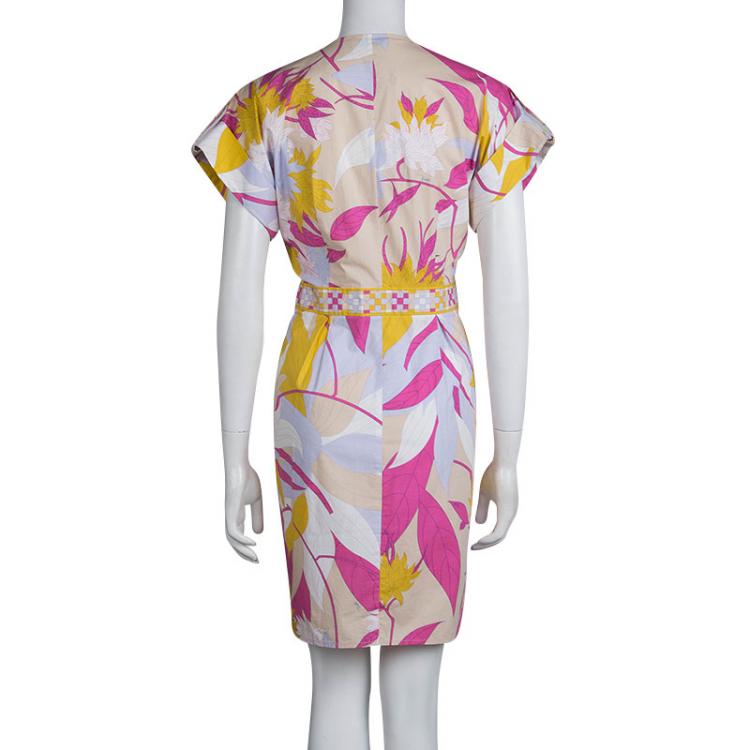 Pre Owned Emilio Pucci Multicolor Printed Cotton Dolman Sleeve Faux Wrap Dress M