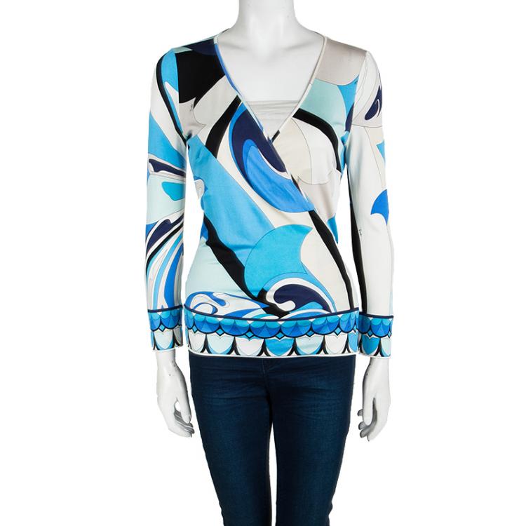 Pre Owned Emilio Pucci Multicolor Printed Silk Wrap Long Sleeve Top M