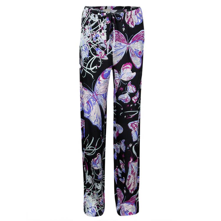 Pre Owned Emilio Pucci Black Butterfly Printed Silk Pajama Set S
