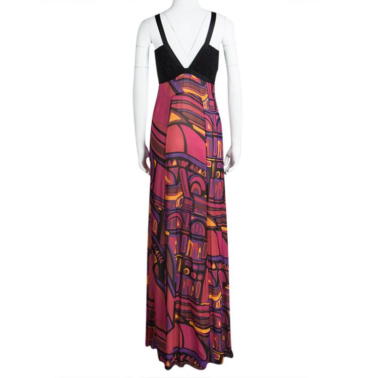 Pre Owned Emilio Pucci Multicolour Printed Silk Contrast Bodice Maxi Dress S