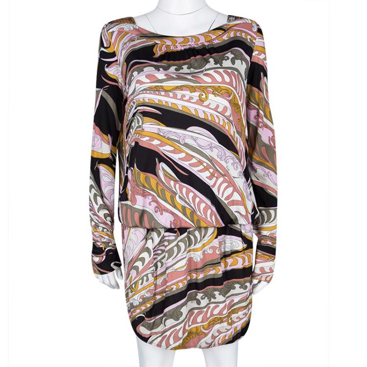 Pre Owned Emilio Pucci Multicolor Printed Drop Waist Detail Long Sleeve Dress M