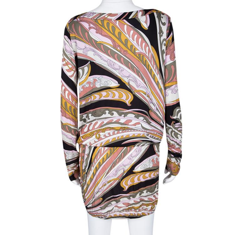 Pre Owned Emilio Pucci Multicolor Printed Drop Waist Detail Long Sleeve Dress M