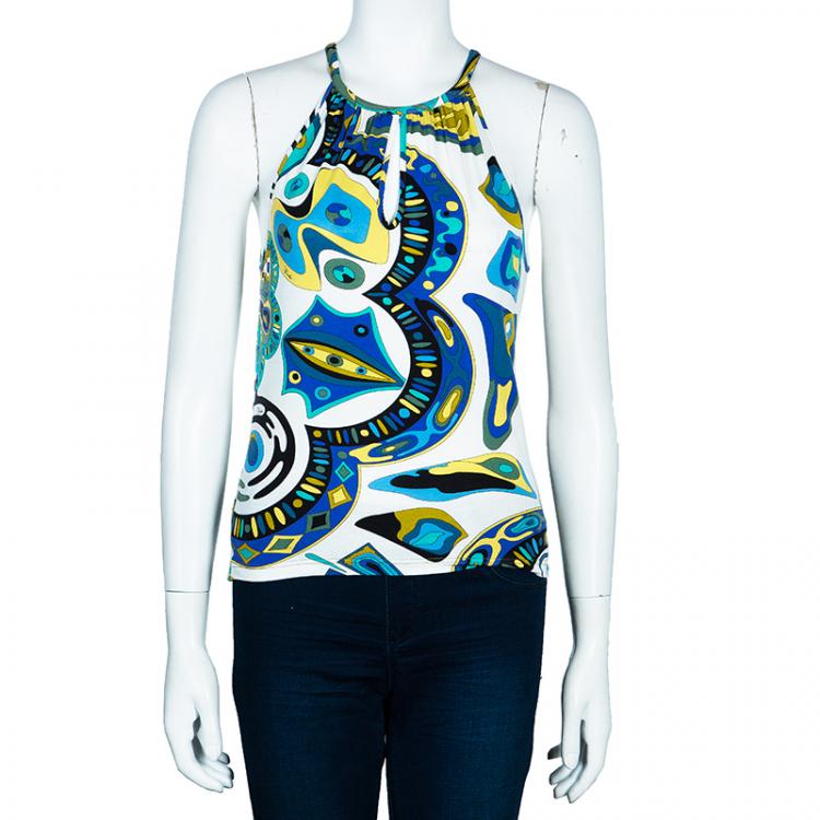 Pre Owned Emilio Pucci Blue Multicolor Print Top M