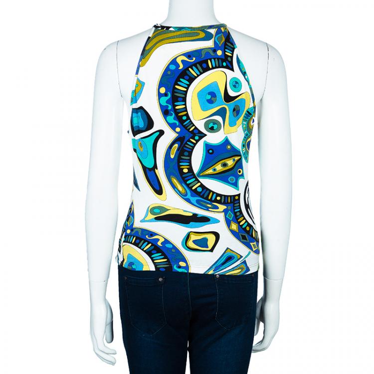 Pre Owned Emilio Pucci Blue Multicolor Print Top M