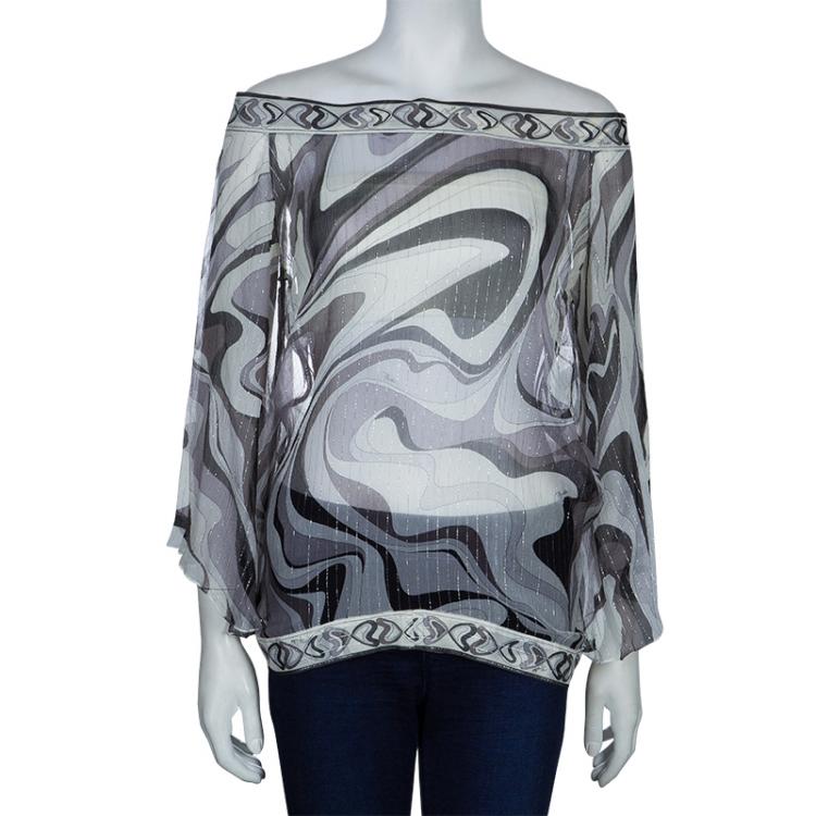 Pre Owned Emilio Pucci Grey Chiffon Print Top M