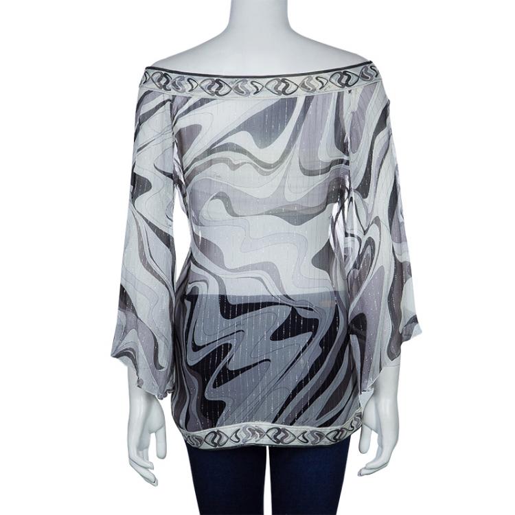 Pre Owned Emilio Pucci Grey Chiffon Print Top M