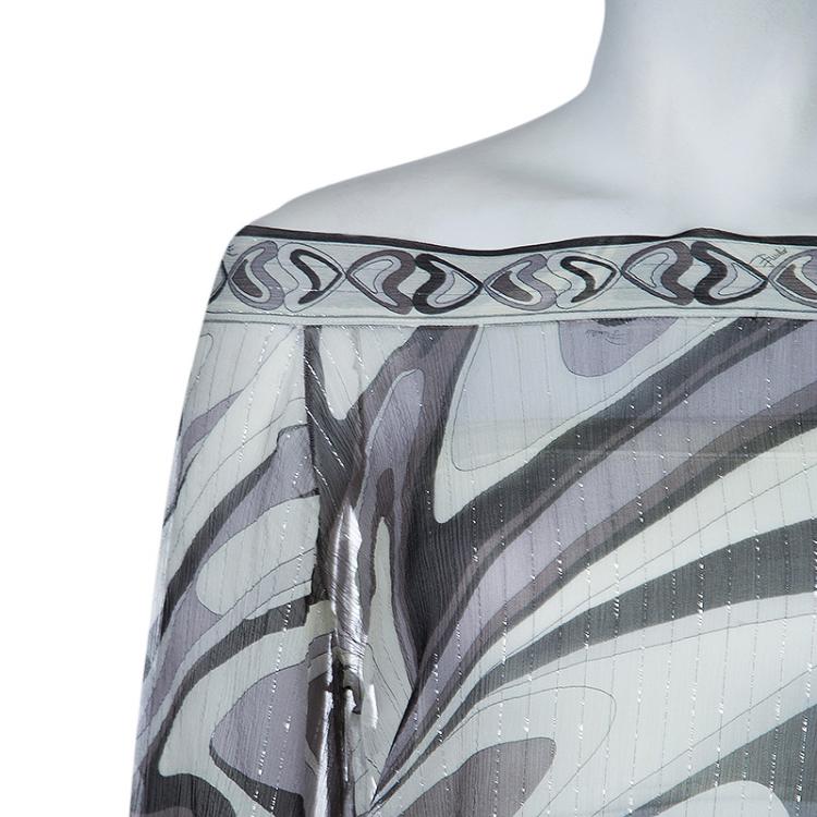 Pre Owned Emilio Pucci Grey Chiffon Print Top M