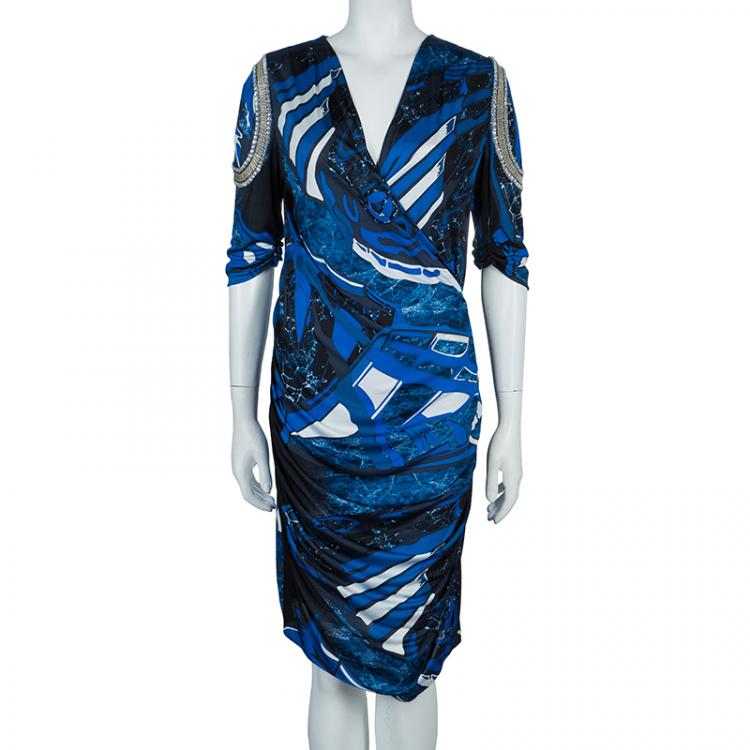 Pre Owned Emilio Pucci Blue Printed Embellished Sleeve Detail Ruched Side Knit Dress L