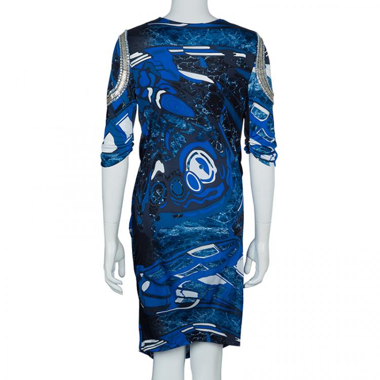 Pre Owned Emilio Pucci Blue Printed Embellished Sleeve Detail Ruched Side Knit Dress L