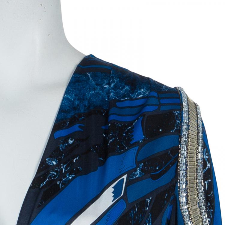 Pre Owned Emilio Pucci Blue Printed Embellished Sleeve Detail Ruched Side Knit Dress L